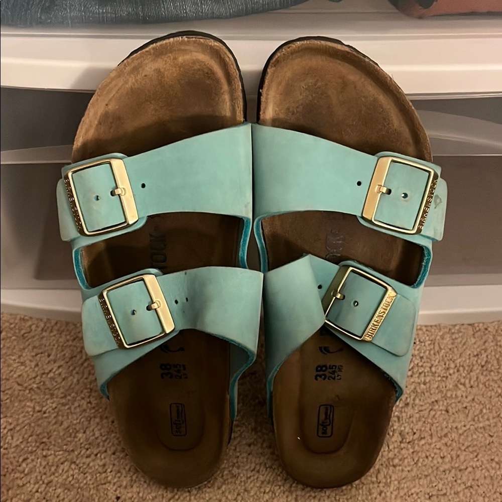 Birkenstock Turquoise Sandals with Gold Buckles